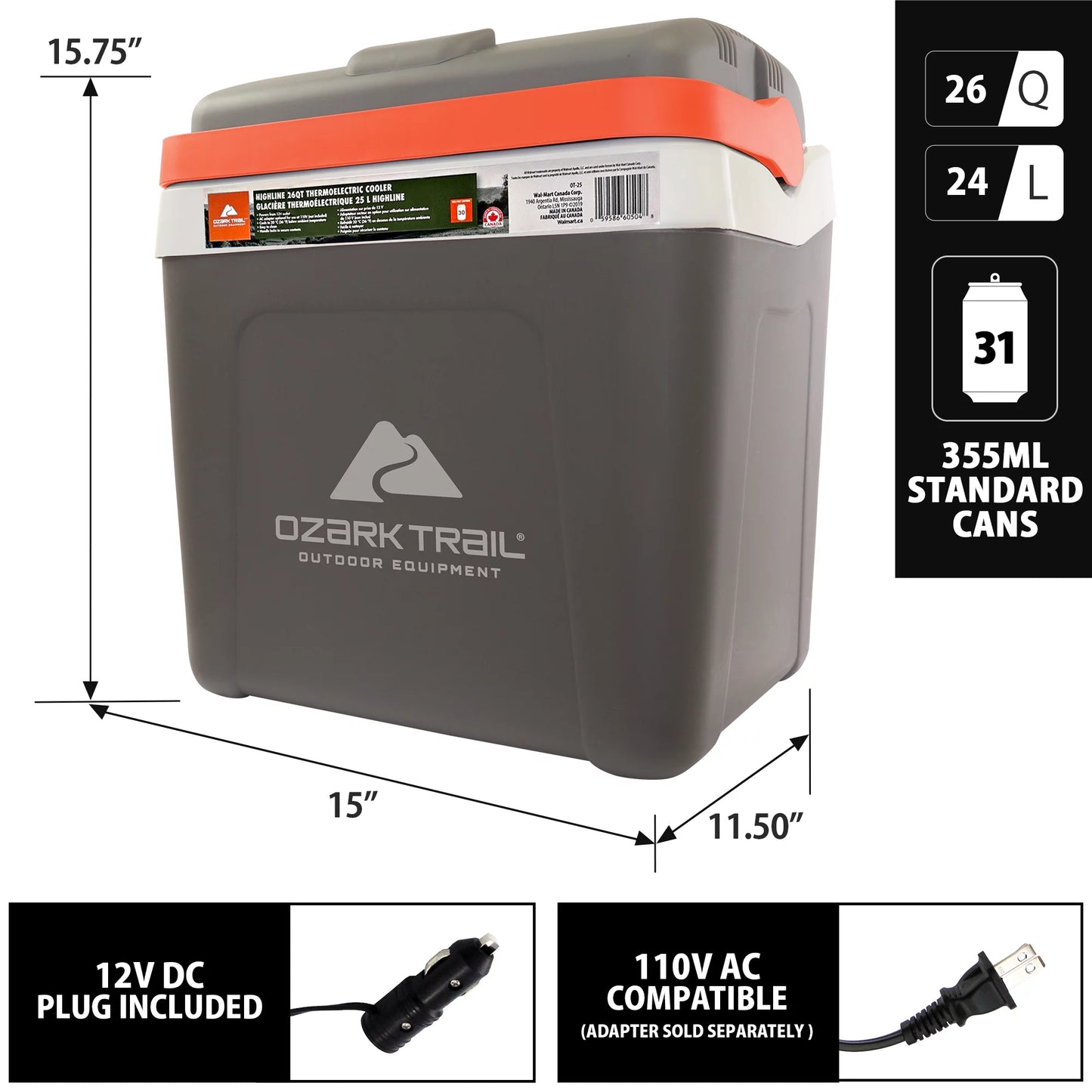 Highline 12V Portable Electric Cooler - 30 Can Capacity, 24L/26Qt, Iceless Thermoelectric Car Cooler in Grey - Peak Performance Outfitters