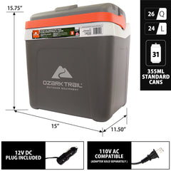 12V electric cooler showing interior capacity and DC power cable for vehicle use