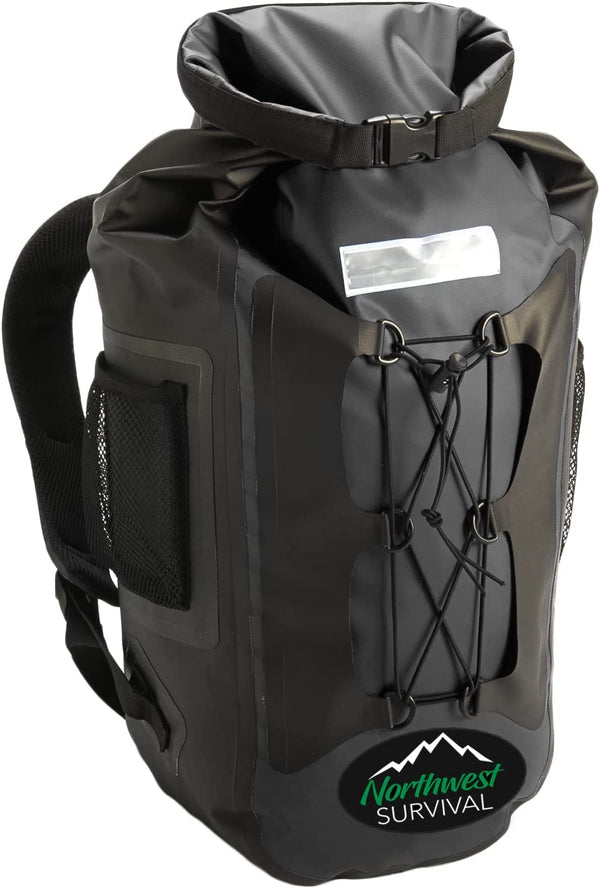 Black waterproof backpack for kayaking, paddleboarding, and wet-weather outdoor use