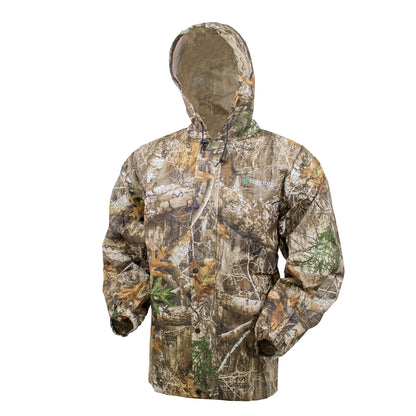 Frogg Toggs camo rain suit showing jacket and bib pants in Mossy Oak pattern