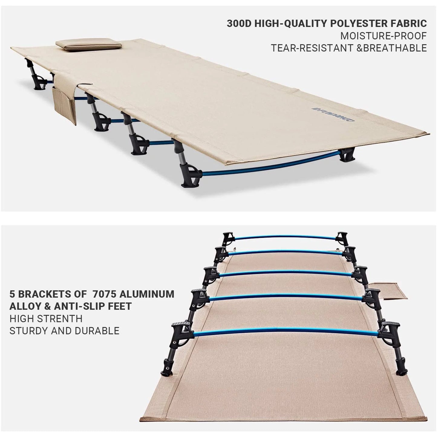 Folding Camping Cot Bed for Adults, Lightweight and Compact, Supports 265 lbs - Beige - Peak Performance Outfitters