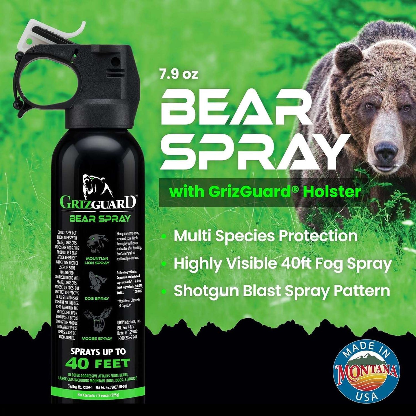 Griz Guard Bear Spray W/Holster 40 Ft Range, Maximum Strength, Epa-Registered Spray for Bears, Mountain Lions, Coyotes, Dogs, & Moose, Outdoor Hiking & Camping Protection, Glow Safety Clip, 7.9 Oz