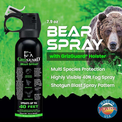 Griz Guard Bear Spray W/Holster 40 Ft Range, Maximum Strength, Epa-Registered Spray for Bears, Mountain Lions, Coyotes, Dogs, & Moose, Outdoor Hiking & Camping Protection, Glow Safety Clip, 7.9 Oz