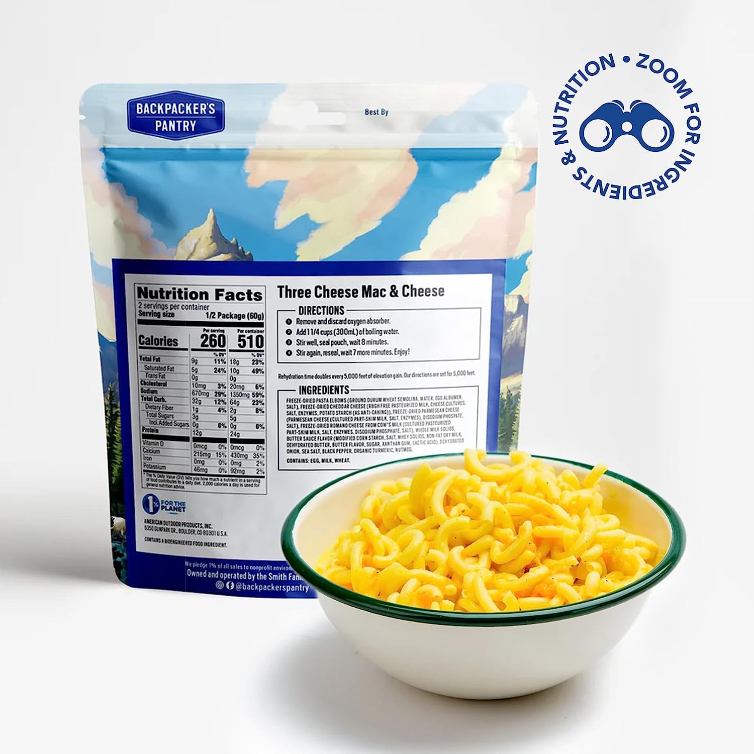 Three Cheese Macaroni and Cheese - Freeze-Dried Meal for Backpacking and Camping - Emergency Food Source with 24g of Protein, Suitable for Vegetarians - Peak Performance Outfitters