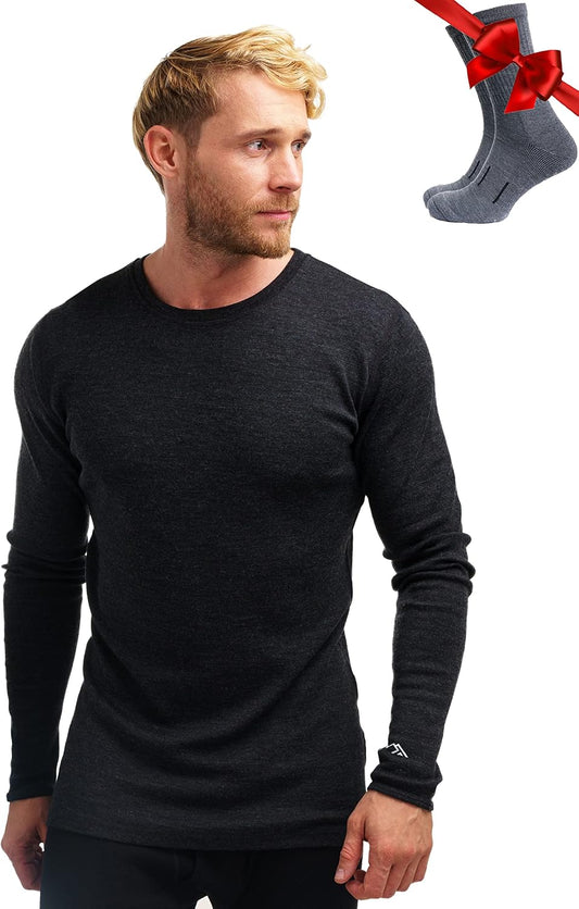 Merino.Tech Merino Wool Base Layer - Mens 100% Merino Wool Long Sleeve Thermal Shirts Heavyweight, Midweight, Lite with Socks