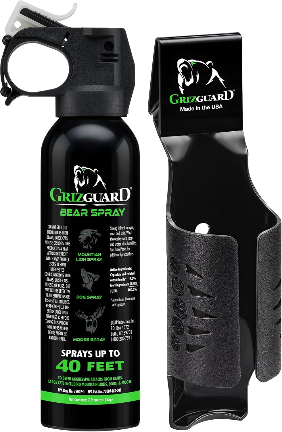 Griz Guard Bear Spray W/Holster 40 Ft Range, Maximum Strength, Epa-Registered Spray for Bears, Mountain Lions, Coyotes, Dogs, & Moose, Outdoor Hiking & Camping Protection, Glow Safety Clip, 7.9 Oz