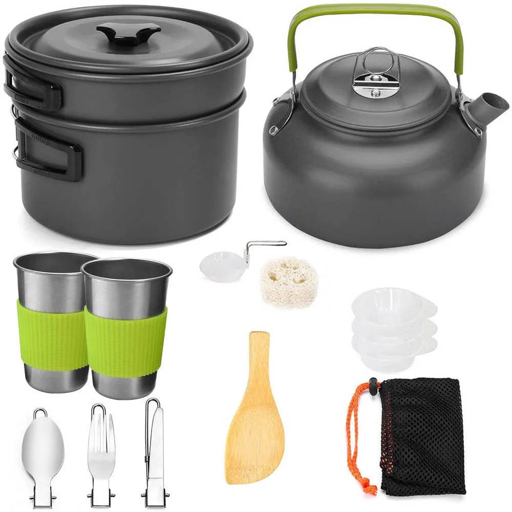 Outdoor Camping Cookware Set with Pot, Cup, Tableware, Water Kettle, Pan, Cutlery Utensils - Ideal for Hiking, Picnics, and Travel - Peak Performance Outfitters