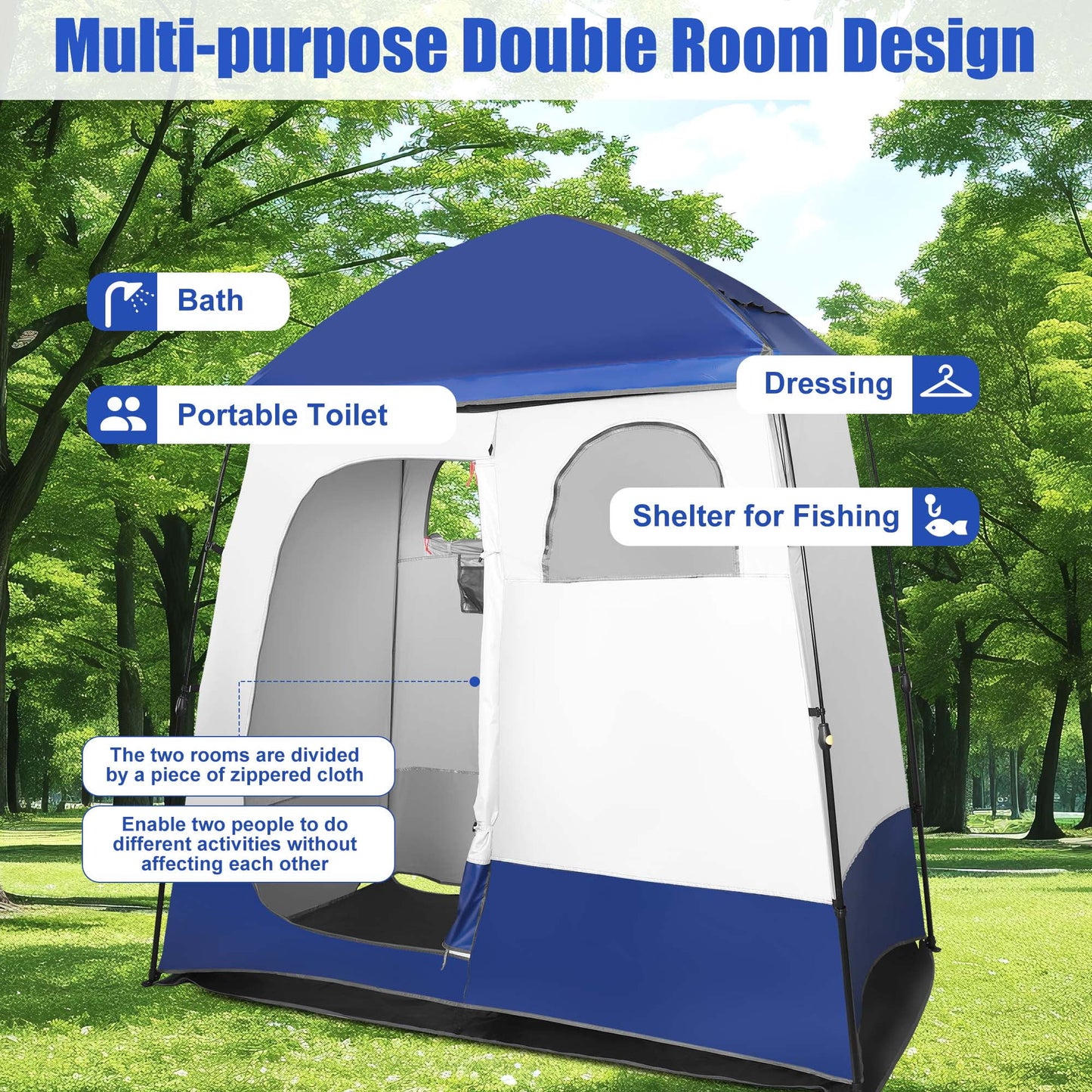 Outdoor Camping Shower Tent with Oversized Space and Privacy, Portable Changing Room with Floor, Easy Setup Privacy Shelter for Camping - 2 Rooms Toilet Tent - Peak Performance Outfitters