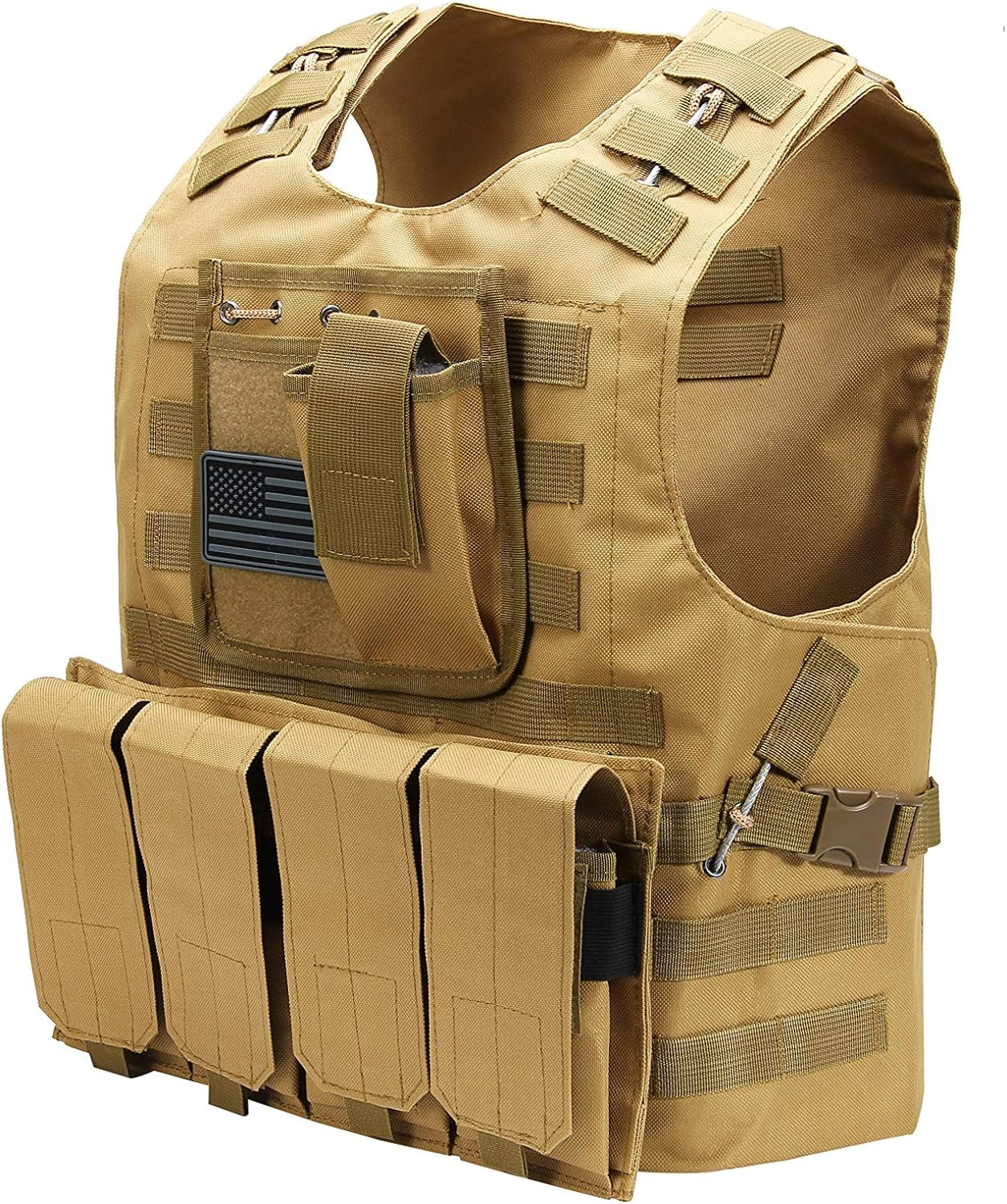 Tactical Airsoft Vest with US Flag Patch and Pouches - Brown (Small-Large) - Peak Performance Outfitters