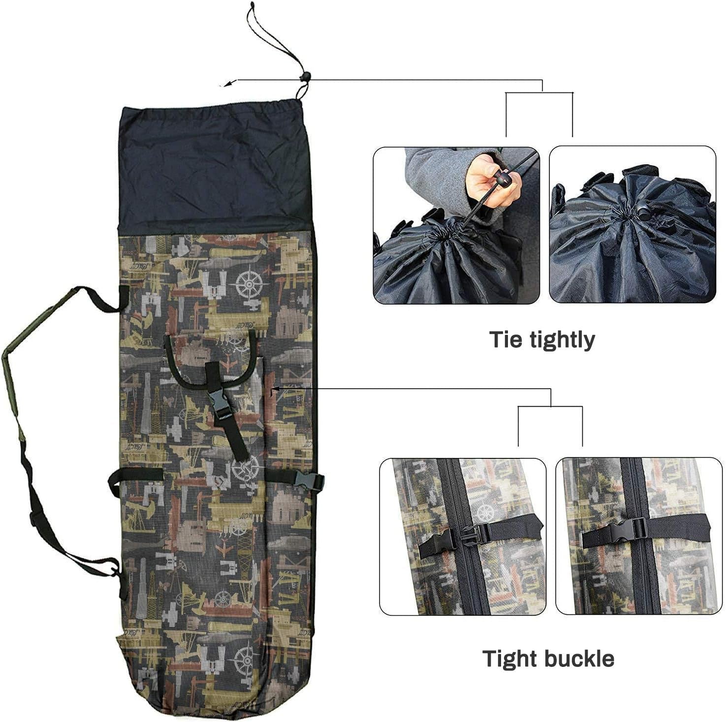 Canvas fishing rod organizer bag holding 5 rod and reel combos