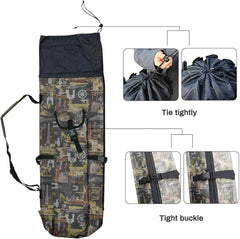 Canvas fishing rod organizer bag holding 5 rod and reel combos
