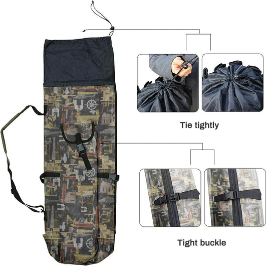 Canvas fishing rod organizer bag holding 5 rod and reel combos