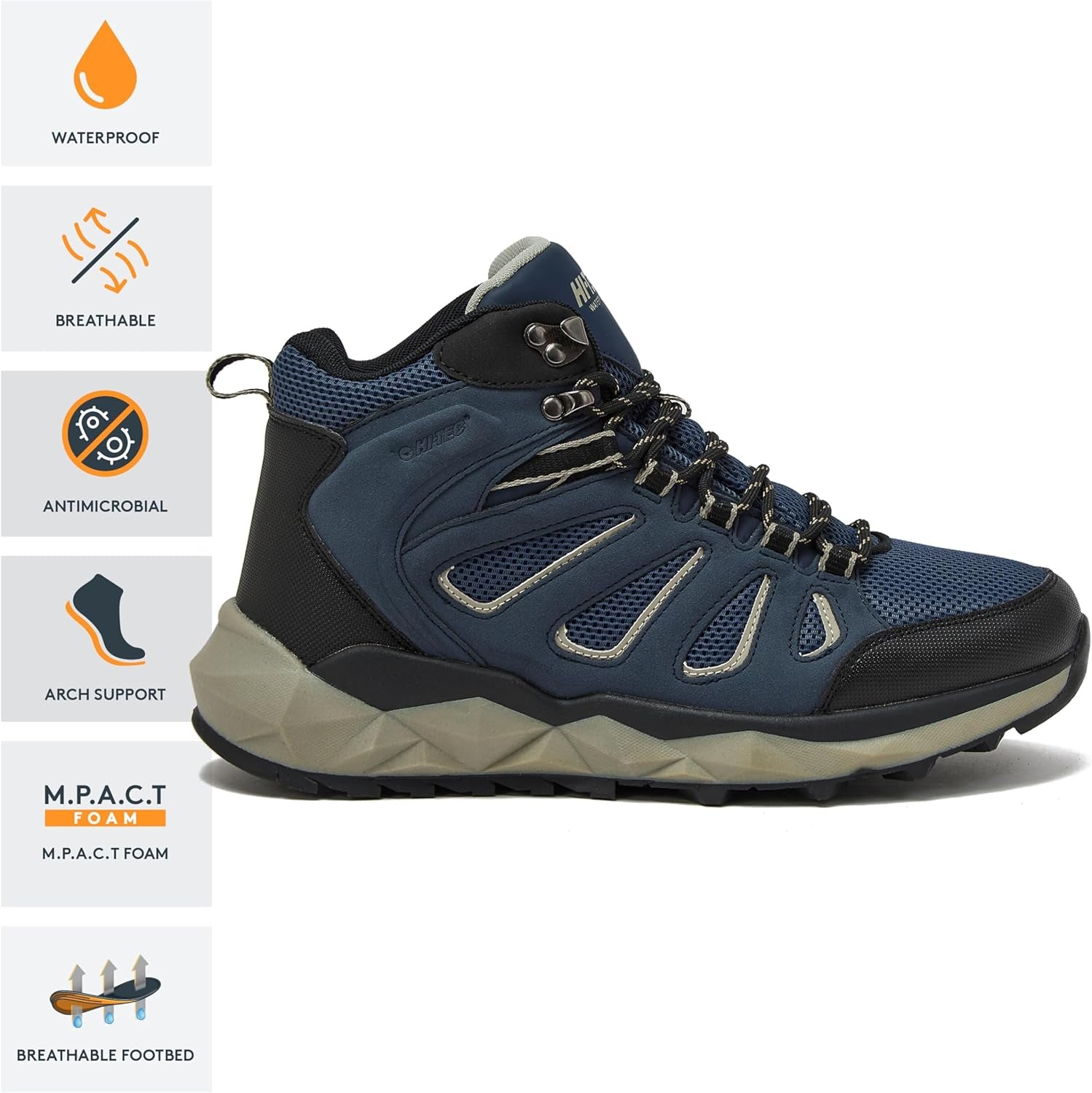 HI-TEC waterproof mid hiking boots showing seam-sealed construction and trail outsole
