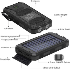 Solar charger power bank showing solar panel and dual USB output for camp charging
