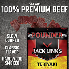Jack Link's Teriyaki Beef Jerky in 16 oz package, trail snack with savory, glazed beef slices on a wooden surface.