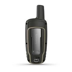 Garmin GPSMAP 64Sx handheld GPS device with altimeter and compass, black and tan, displaying topographic maps for outdoor navigation.