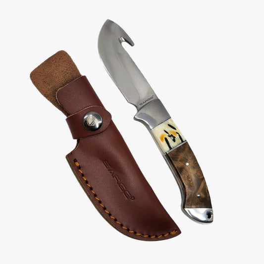 Fixed blade hunting knife with gut hook — 4.5-inch drop point, full tang, leather sheath